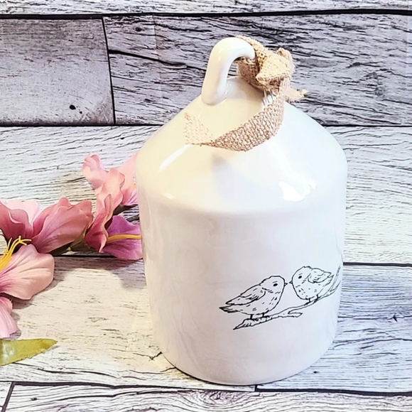 Rae Dunn Rest Birdhouse w/ Burlap Ribbon & Two Bird Decals - 5" D, 7.5" H, 5" W - Picture 3 of 4